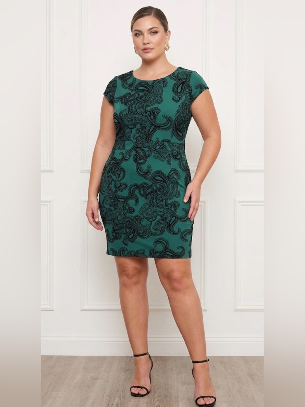 NY&Co Emerald Green L Dress  Black Paisley Cap Sleeve Cocktail Party Wedding
